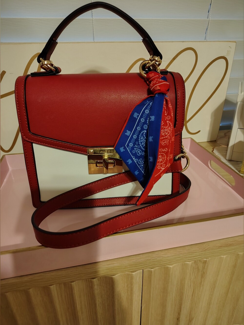 Aldo Red and White Top Handle Satchel with Blue-Red Scarf Accent